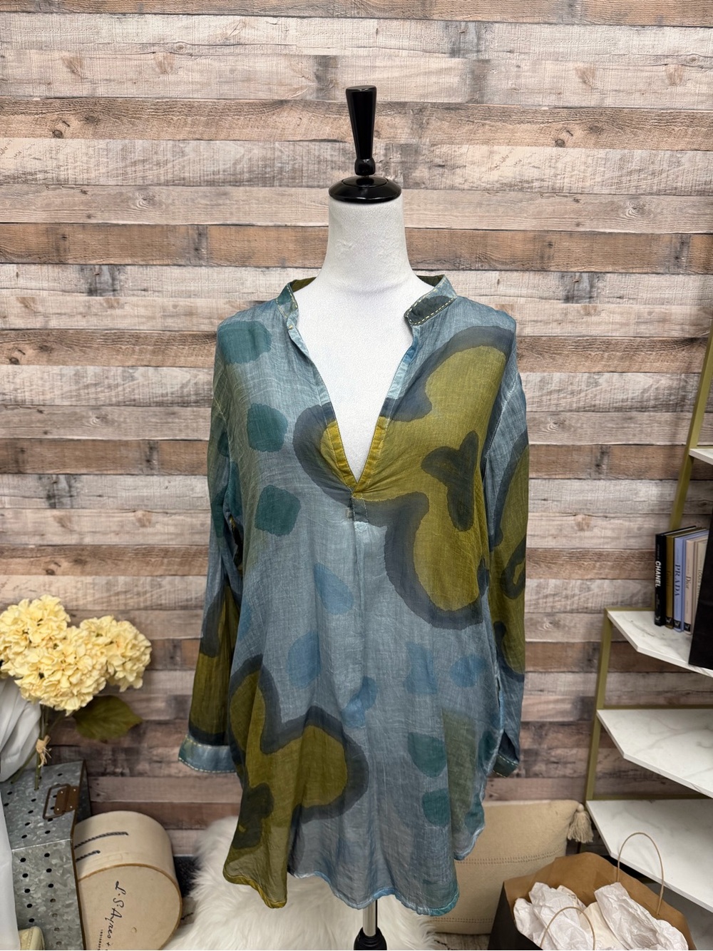 Dolma Relaxed Blue and Olive Abstract Print Tunic